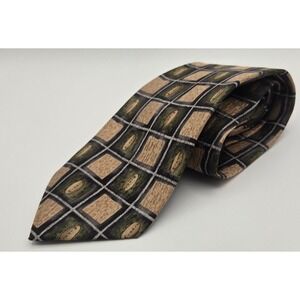 Jimmy'Z Necktie Mens OS Green Tan Geometric Grid 100% Silk Hand Made USA Vintage